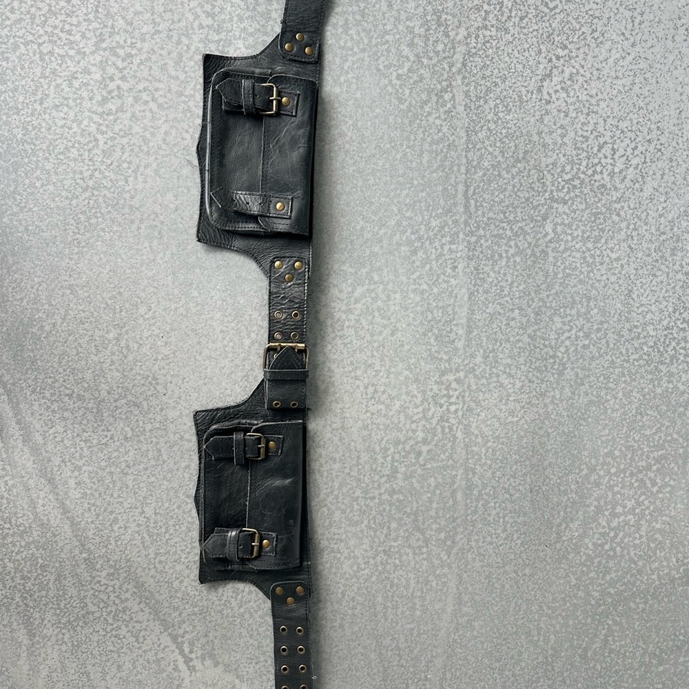 Black Leather Belt with Pouches